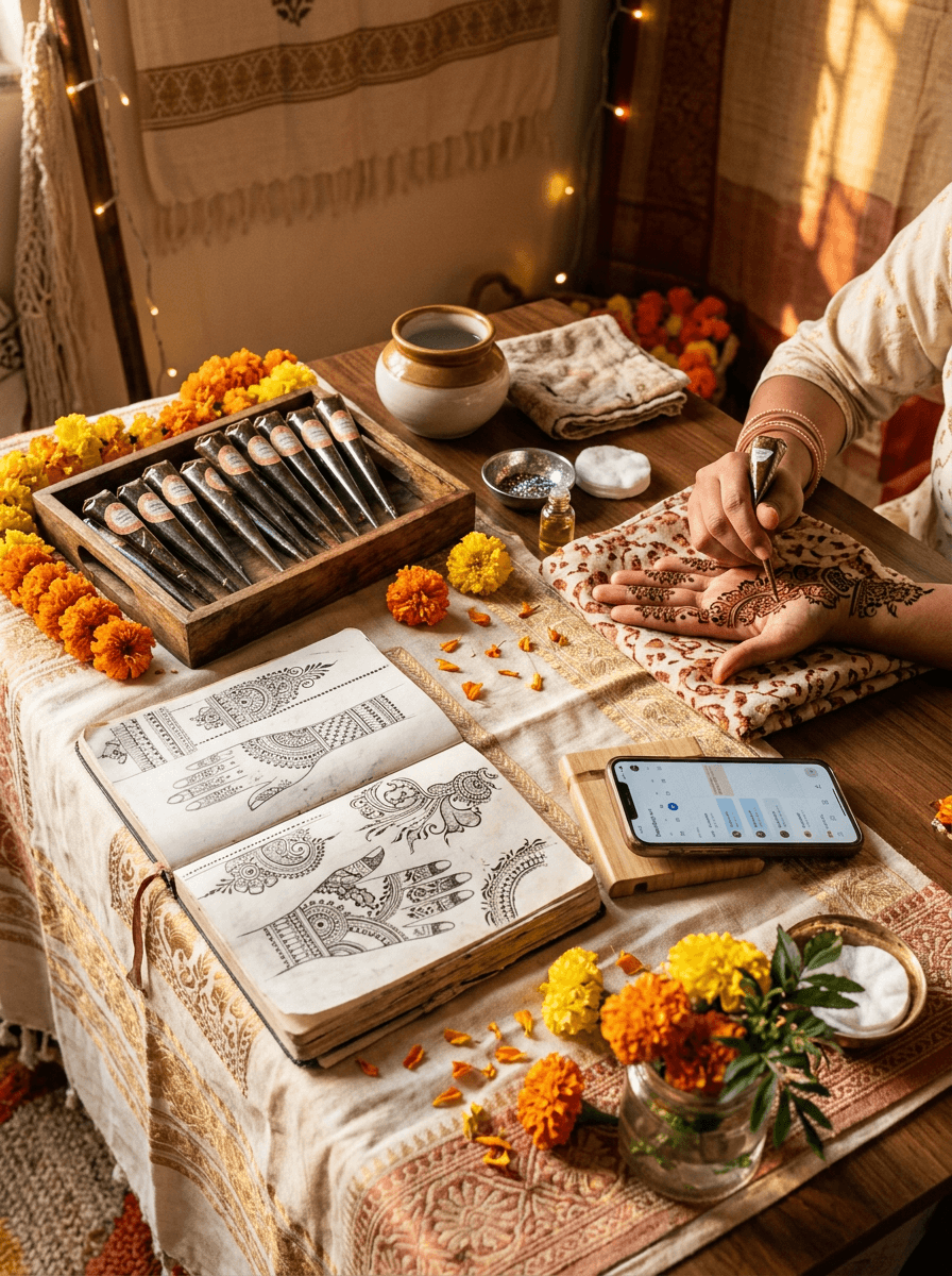 A mehndi artist at work with their portfolio