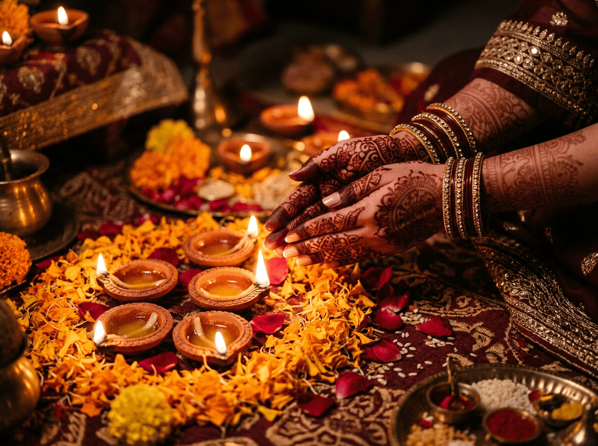 Festive mehndi with diyas and marigolds