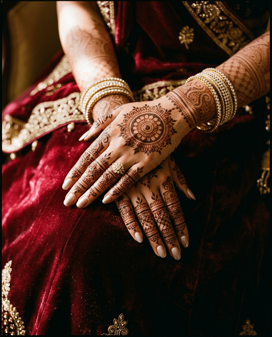 Bridal hands covered in intricate henna, resting on silk