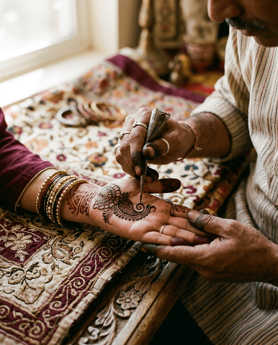 A mehndi artist applying a design by hand