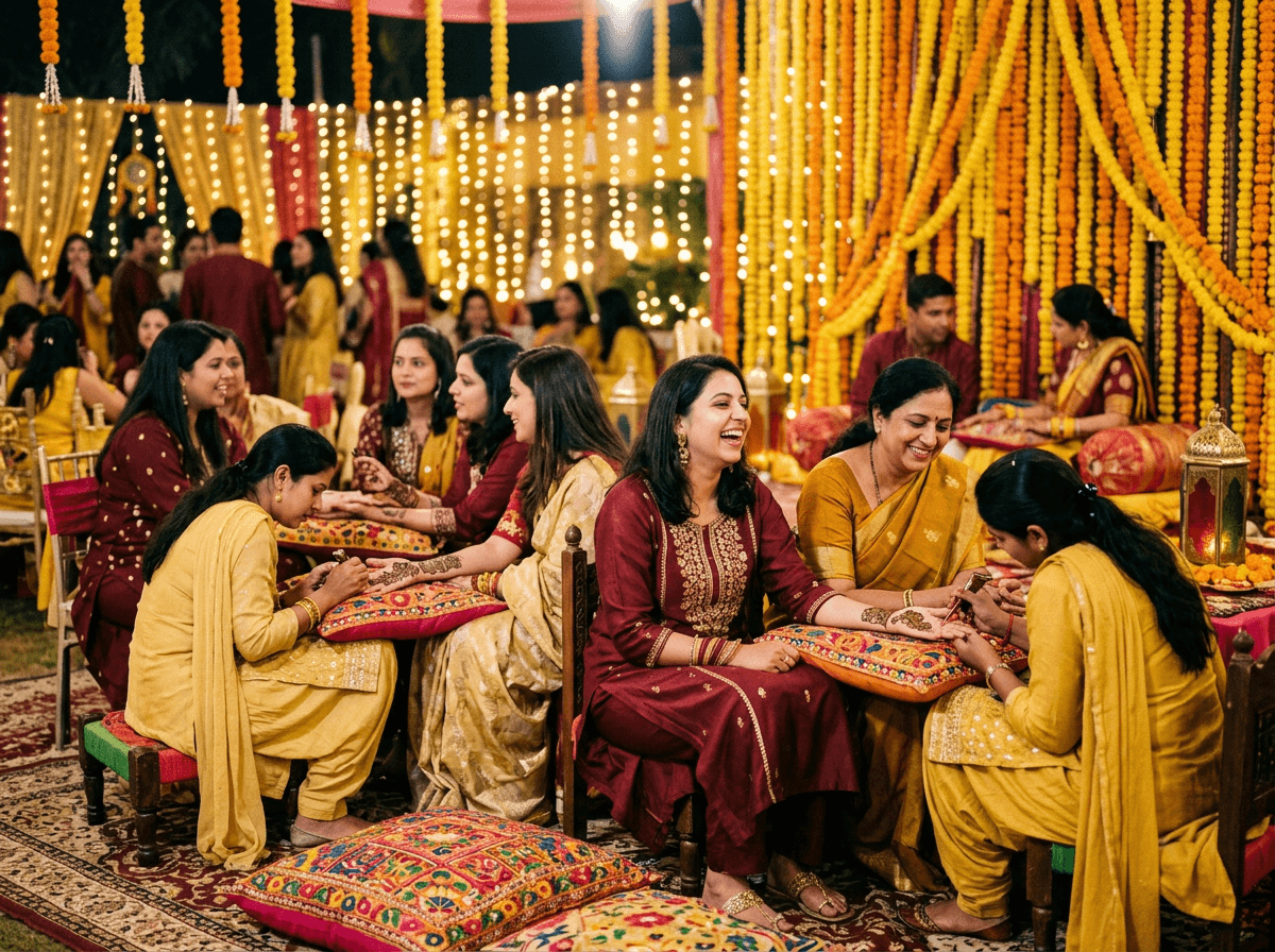 Guests having mehndi applied at a wedding function